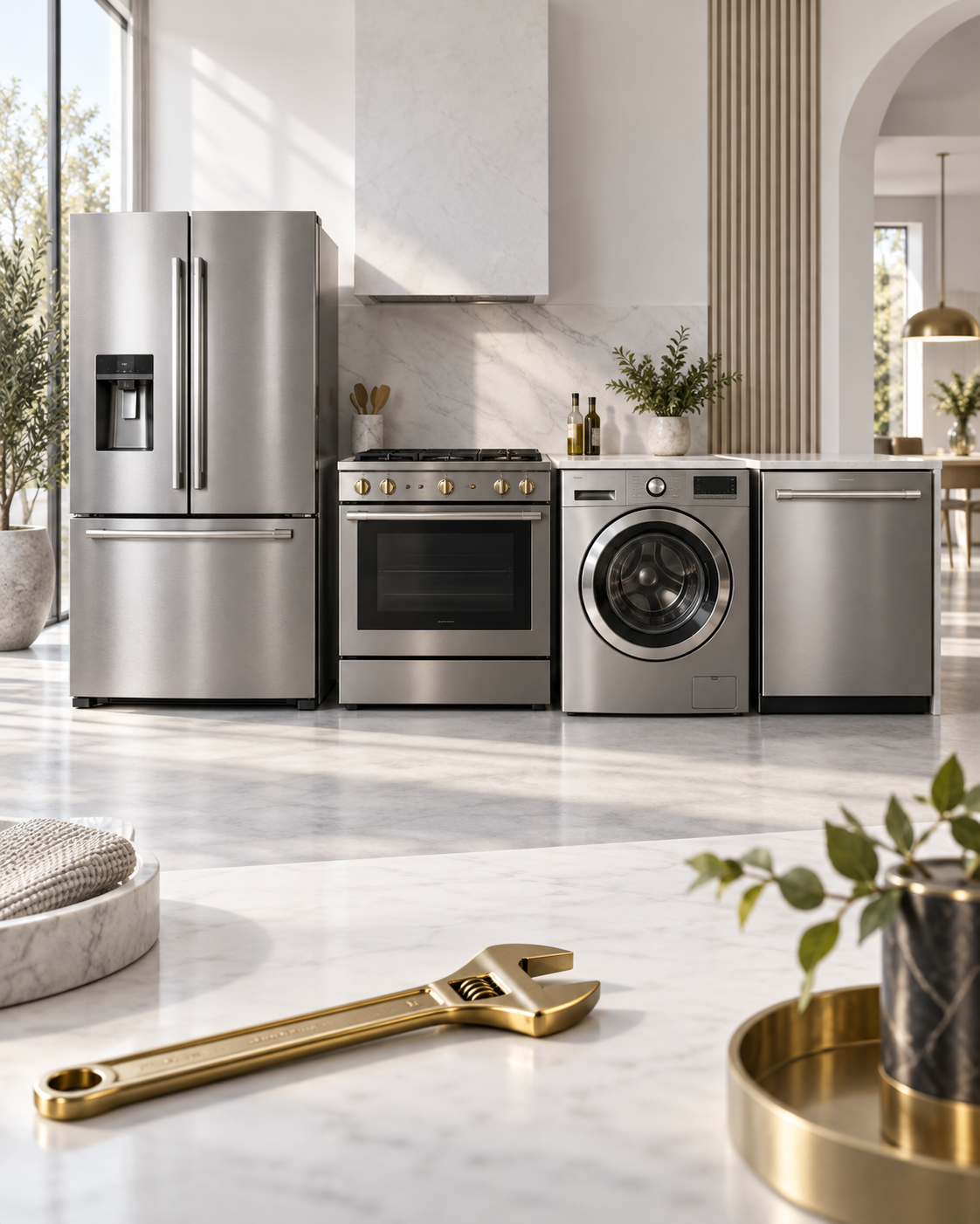 Refrigerator, oven, washer and dishwasher in a bright modern home with a gold repair wrench